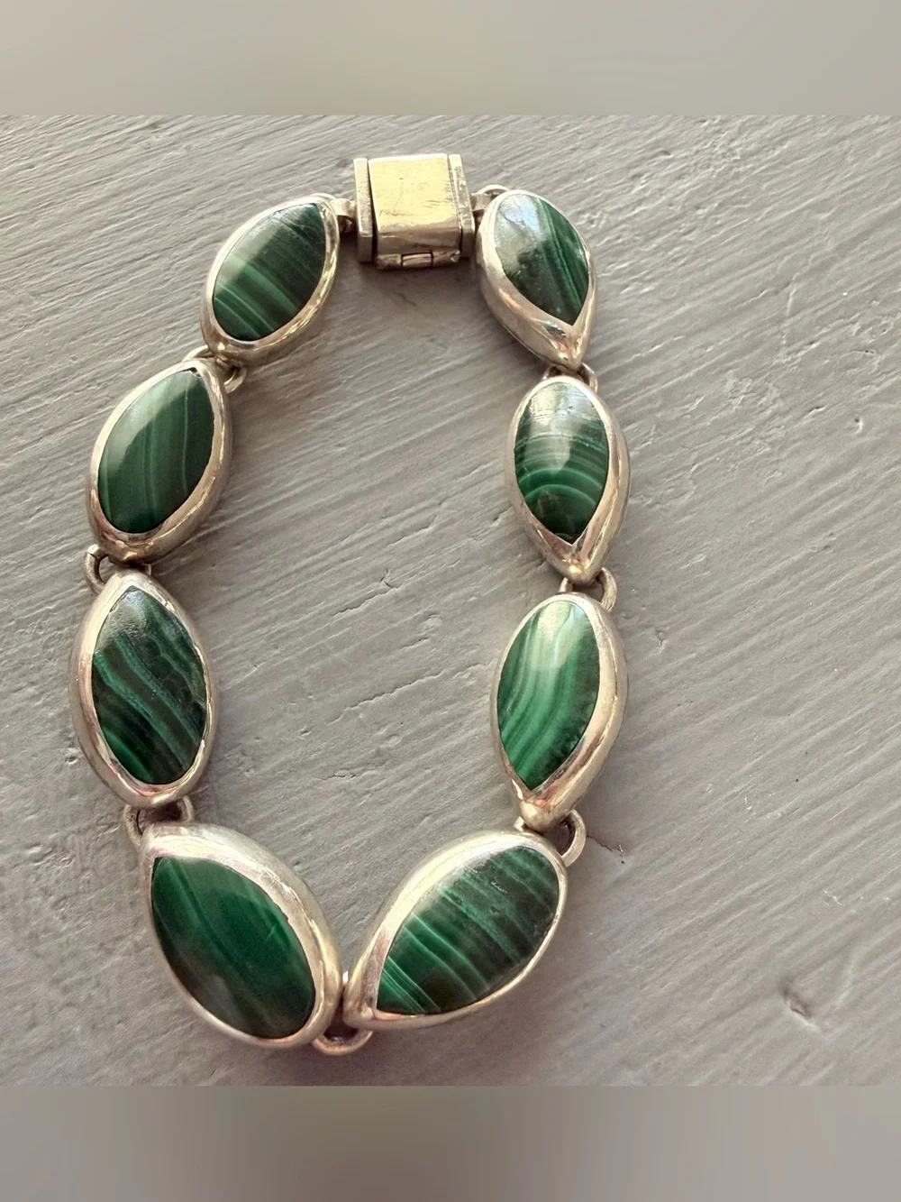 Taxco Mexico Malachite Stone Sterling Silver Chunky Bracelet